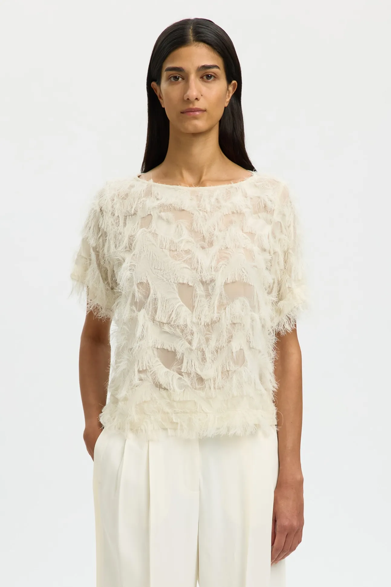 Blusa manga corta con tejido flecos