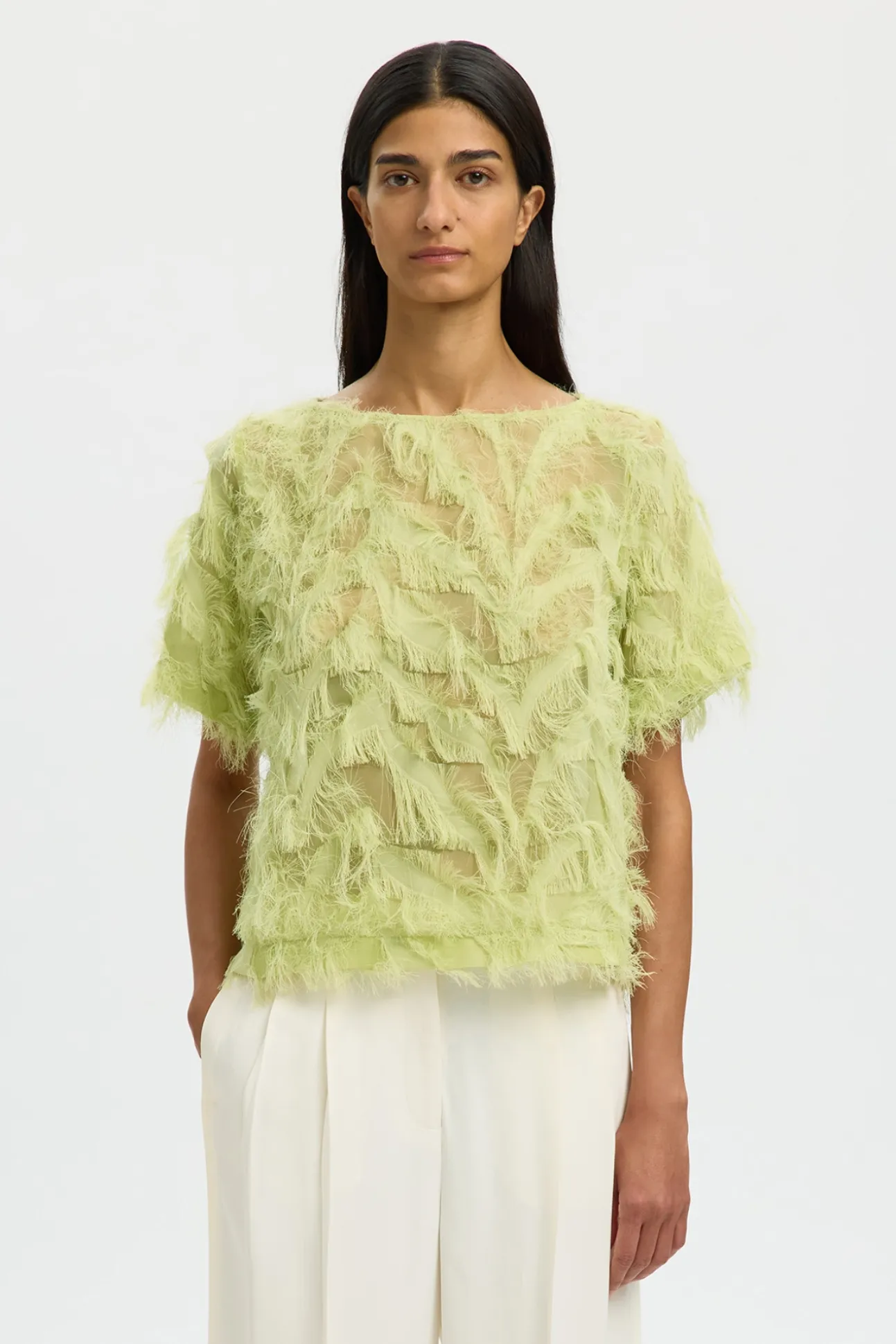 Blusa manga corta con tejido flecos