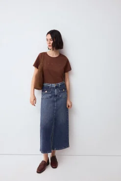 Falda recta tejido denim detalle trenza