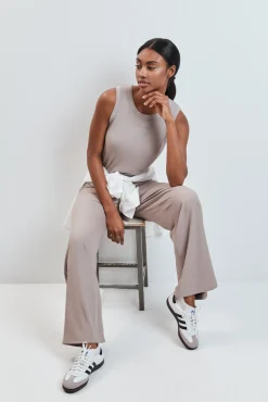Pantalón largo palazzo rib beige