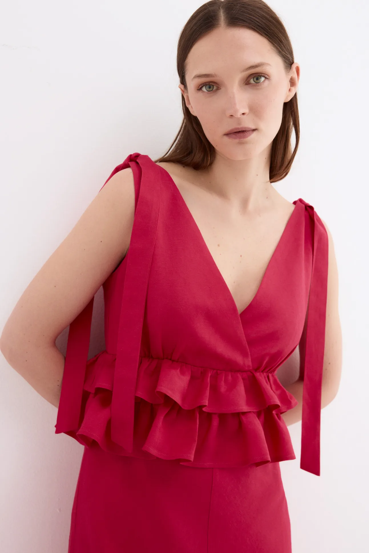 Vestido largo lino detalle lazos